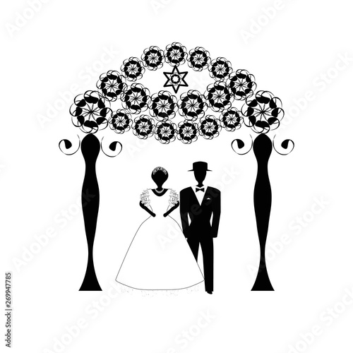 Vintage Graphic Chuppah. Arch for a religious Jewish Jewish wedding. The bride and groom under a canopy. Vector illustration on isolated background. photo