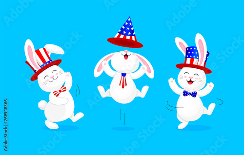 White rabbit jumping and dancing with American hat. Cute bunny. 4th of July. Happy Independence Day. Illustration isolated on blue background.