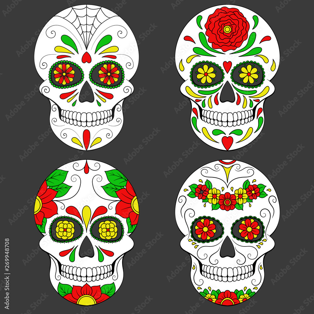 Day of The Dead Skull with floral ornament. Mexican sugar skull set. Vector illustration