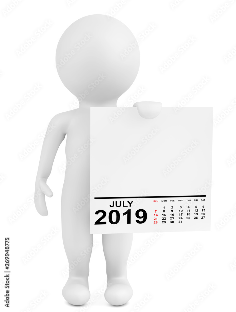 Character holding calendar July 2019. 3d Rendering Character holding calendar July 2019. 3d Rendering