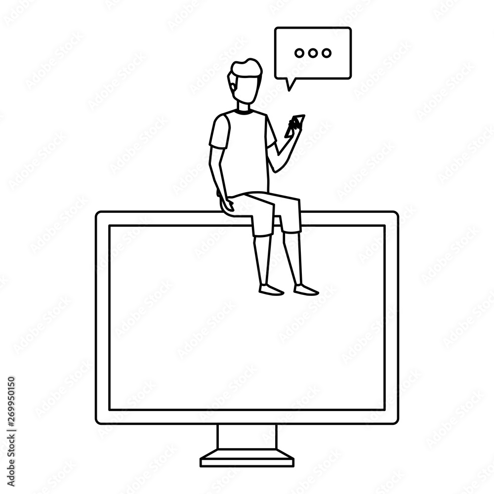 young man using cellphone seated in computer with speech bubble