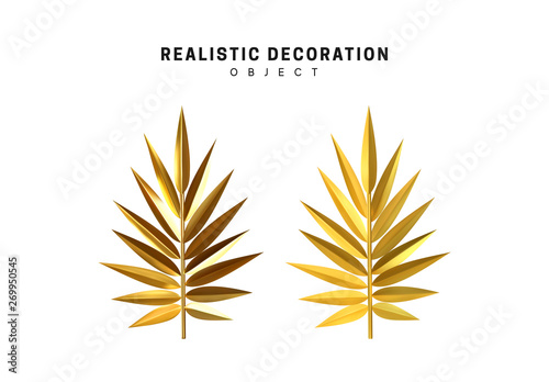 set of golden palm branches in 3d, metallic illustration design isolated on white background. branch gold leaves . Vector graphics