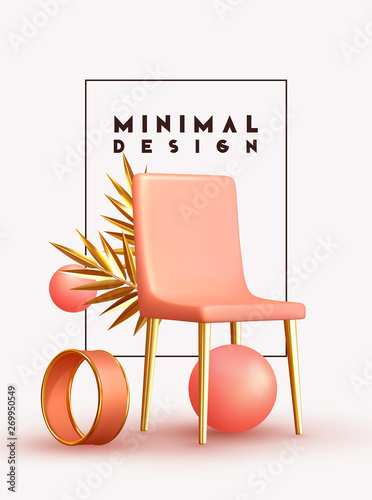 Minimal design background with realistic 3d objects of different shapes. creative abstraction pink chair and golden palm branch leaves, coral sphere, ball round