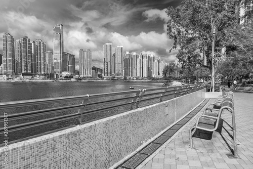 Skyline and harbor of Hong Kong city