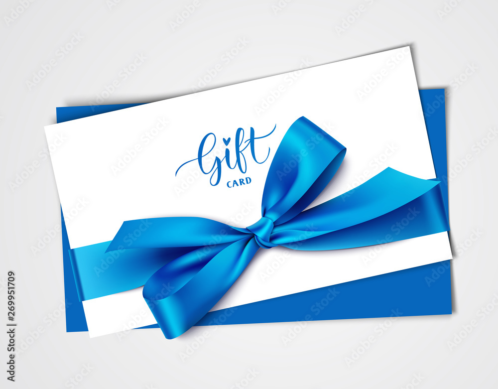 Decorative white gift card design template with blue bow and ribbon. Vector illustration - obrazy, fototapety, plakaty 