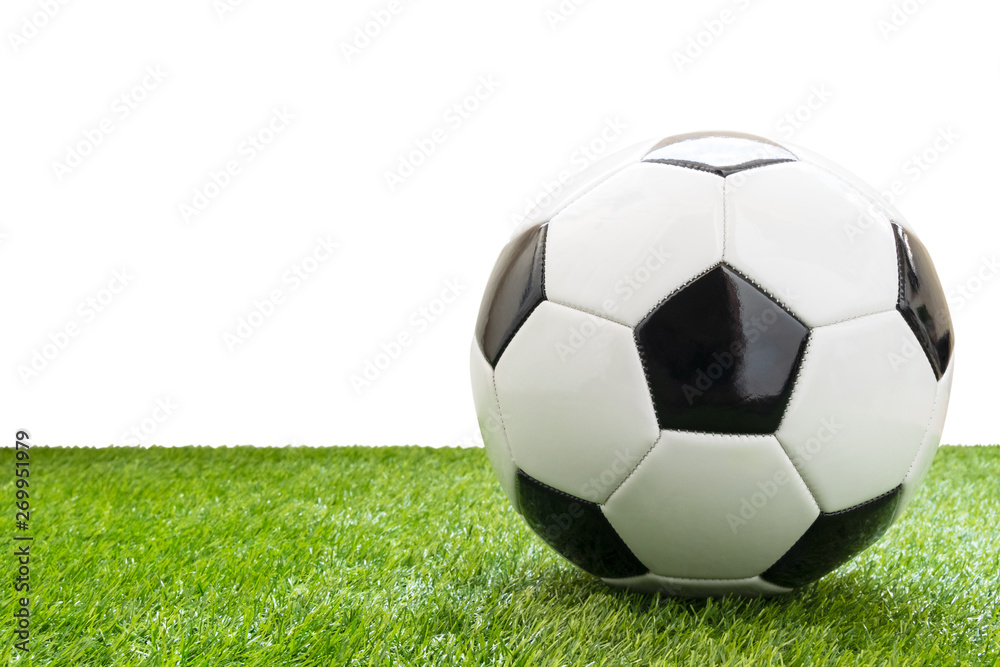 soccer ball on artificial grass isolated on white background