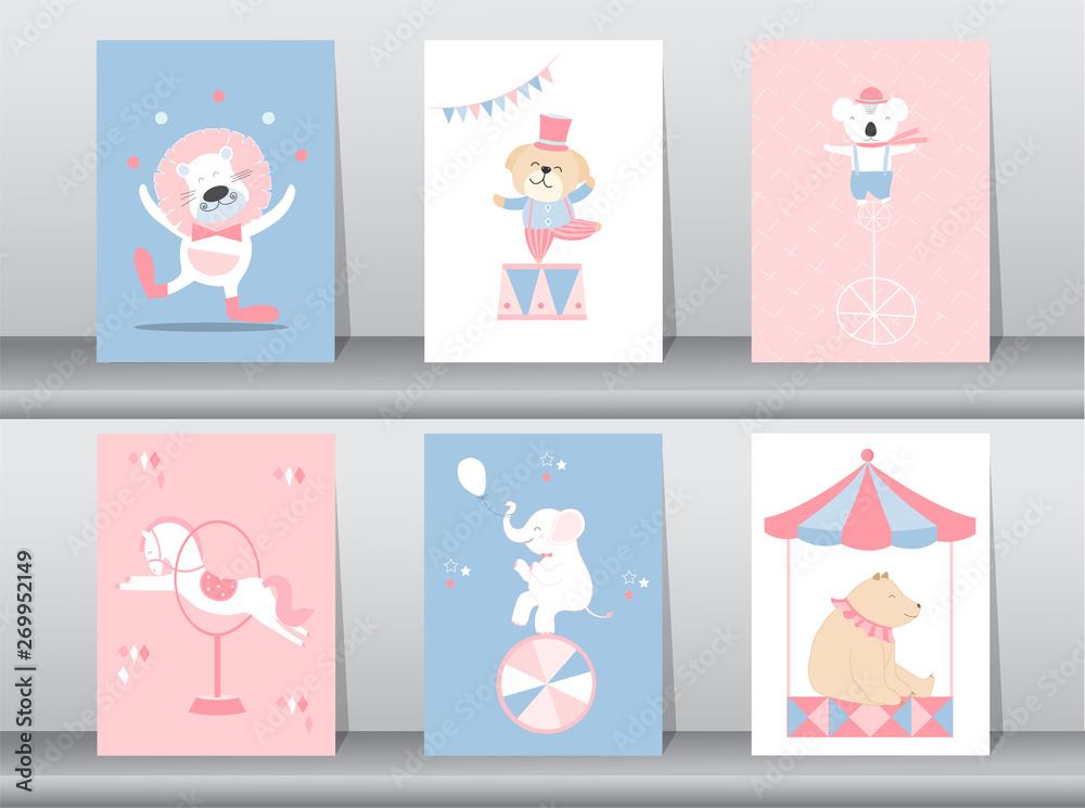 Set of cute animals poster,template,cards,animal,zoo,circus,Vector illustrations 