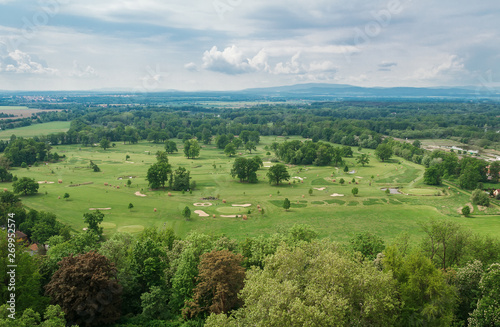 Aerial view to golf course with cloudy sky in Hluboka nad Vltavou, Czech republic