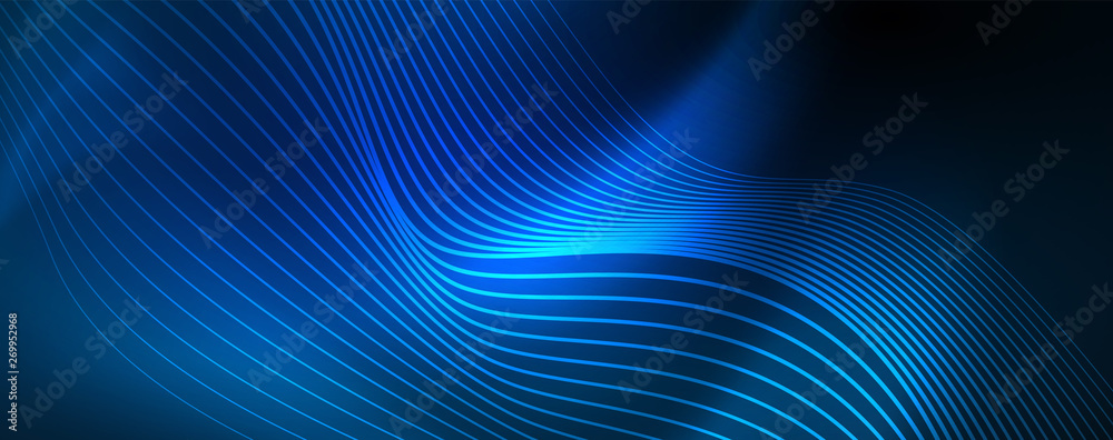 Smooth wave lines on blue neon color light background. Glowing abstract wave on dark, shiny motion, magic space light Smooth wave lines on blue neon color light background. Glowing abstract wave on dark, shiny motion, magic space light