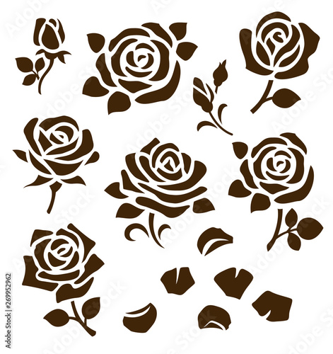 Set of decorative flower silhouette with bud and leaves. Vector rose and petals. Floral icon