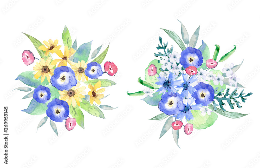 Watercolor wildflowers in the bouquet. Pansies, calendula, cornflowers and greenery. Round composition. 