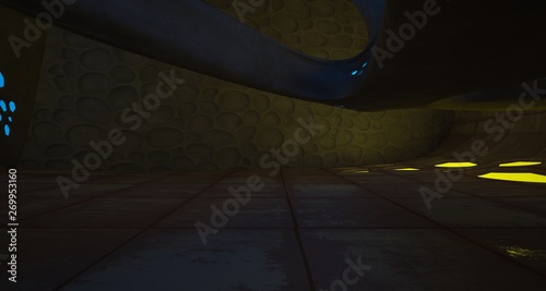 Abstract Concrete Futuristic Sci-Fi interior With Blue And Yellow Glowing Neon Tubes . 3D illustration and rendering.
