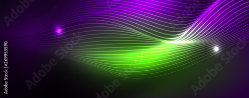 Neon vector wave lines abstract background, magic futuristic techno design