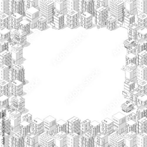 City buildings frame. Isometric top view. Gray lines outline contour style with shadows. Background real estate. Vector illustration. Copy space for text place. For rent.
