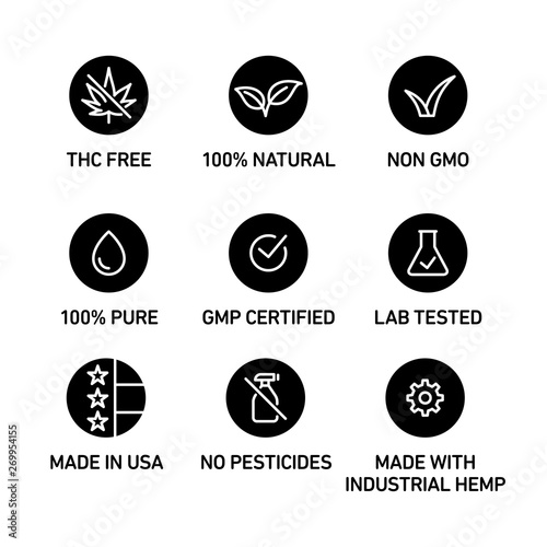 CBD oil icons set including THC free, 100% natural, non GMO, 100% pure, GMP certified, lab tested,  made in USA, no pesticides, made with industrial hemp - Vector 
