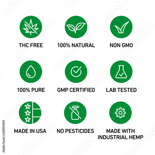 CBD oil icons set including THC free, 100% natural, non GMO, 100% pure, GMP certified, lab tested,  made in USA, no pesticides, made with industrial hemp - Vector 