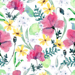 Acrylglasbilder Mohnblumenmuster Aquarell Wildblumenwiese mit Ringelblumen  © dinkoobraz