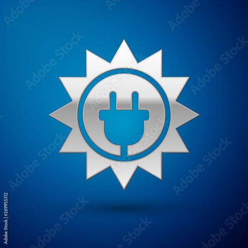 Silver Solar energy panel icon isolated on blue background. Sun and electric plug. Vector Illustration