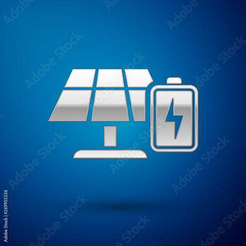 Silver Solar energy panel and battery icon isolated on blue background. Vector Illustration