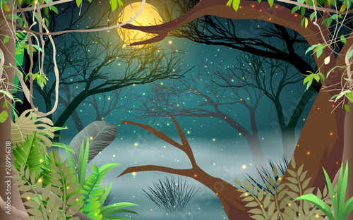 fireflys at the swamp in the jungle in night