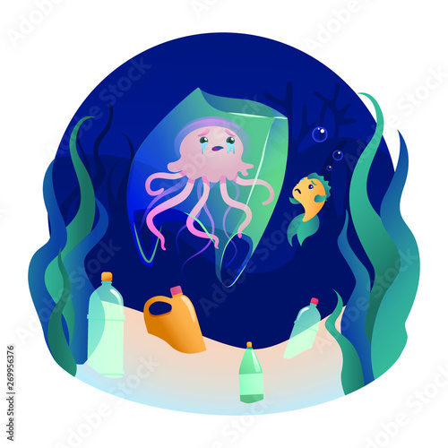 Fish swims among plastic ocean pollution. Concept of zero waste. Ecological poster with jellyfish under block of plastic bag. Vector cute illustration.