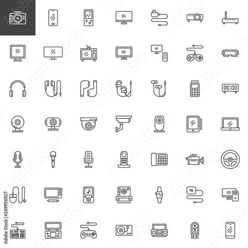 Electronic gadgets line icons set. linear style symbols collection outline signs pack. vector graphics. Set includes icons as Digital photo camera, Mobile phone, Computer monitor, Retro TV, MP3 player