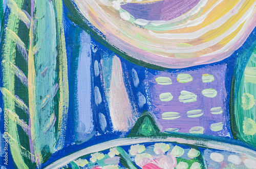 Hand drawn acrylic painting. Abstract art background. Acrylic painting on canvas. Color texture. Fragment of artwork. Brushstrokes of paint. Modern art. Contemporary art. Colorful canvas. Close up.