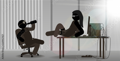 Business situation in the office. Sexy girl lies on the desktop in front of the boss