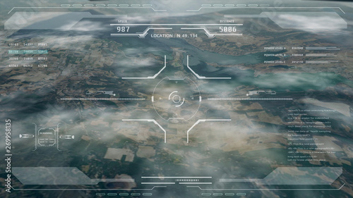 Aerial view HUD digital futuristic surveillance monitor screen display. Hi technology satellite crosshairs target flying scanning for security mission UAV attack imitation inspiration concept.