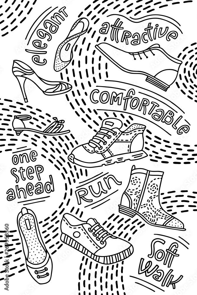 Collection of hand-drawn boots for men and women with lettering isolated on white