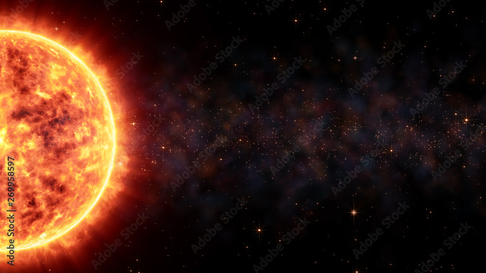 Sun Virtual Realistic Glowing Bright In Nebula Cloud And Stars Surrounded. Solar Flare Burning Around Astrological Celestial At Galaxy Concept Illustration Background Design.