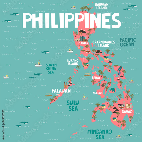 Illustrated map of Philippines with cities and landmarks. Editable vector illustration