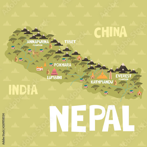 Illustrated map of Nepal with cities and landmarks. Editable vector illustration