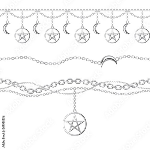 Set collection of silver metallic chain borders with pentagram and moon pendant. On white. Vector illustration