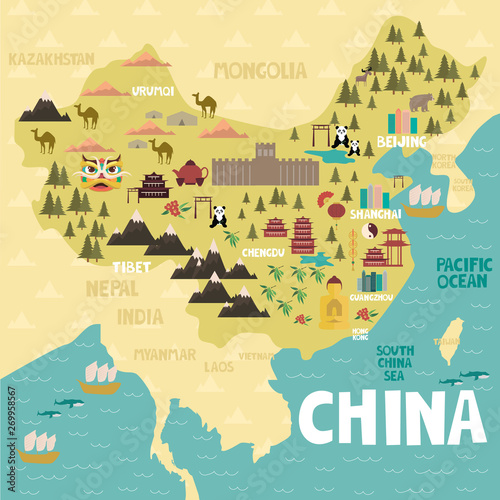 Illustrated map of China with cities and landmarks. Editable vector illustration