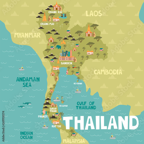 Illustrated map of Thailand with cities and landmarks. Editable vector illustration