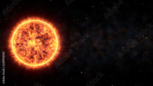 Sun Virtual Realistic Glowing Bright In Nebula Cloud And Stars Surrounded. Solar Flare Burning Around Astrological Celestial At Galaxy Concept Illustration Background Design.