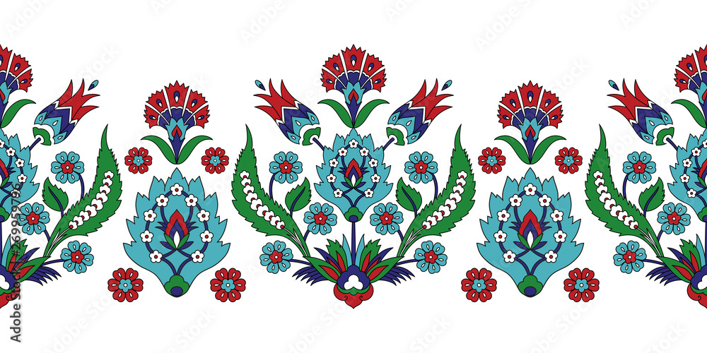 Naklejka Turkish arabic pattern vector seamless border. Ottoman iznik tile design with tulip flowers. Islamic floral texture for textile, decoration or wallpaper.