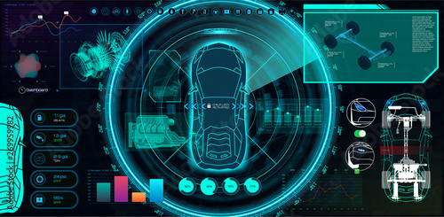 Digital automobile scanning. Futuristic user interface ( HUD, UI, GUI) Auto Service, modern virtual graphic touch user interface. Cars infographic. Concept automobile scanning, auto radar 