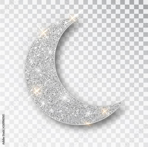 Crescent Islamic for Ramadan Kareem design element isolated. Silver glitter moon vector icon of Crescent Islamic isolated. Luxury silver crescent, half moon gold glittering confetti particles