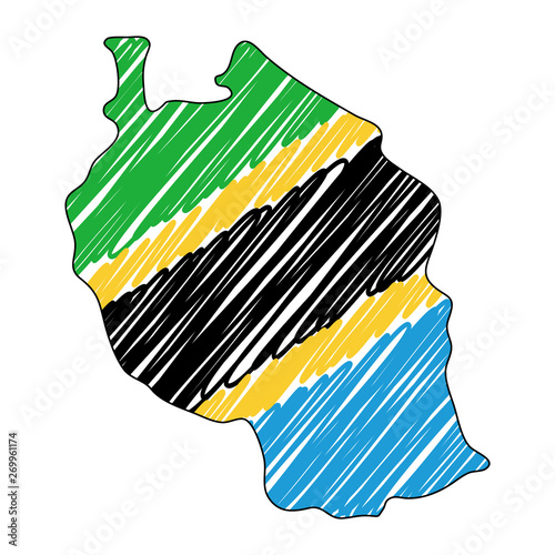 Tanzania map hand drawn sketch. Vector concept illustration flag, childrens drawing, scribble map. Country map for infographic, brochures and presentations isolated on white background. Vector