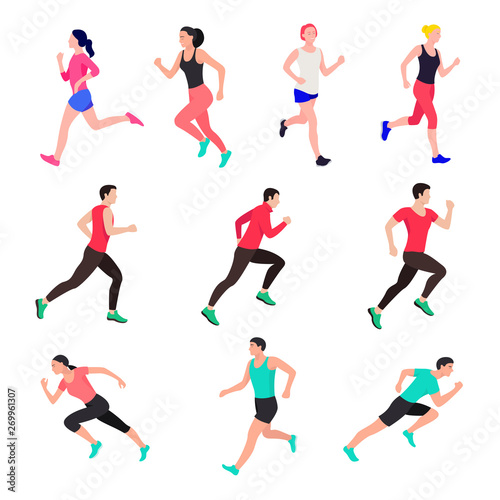 Jogging and running people. Runners in motion. Running men sports.