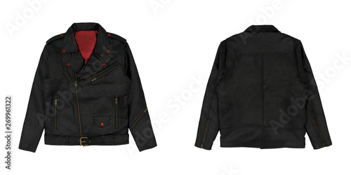 Faux black leather jacket isolated on white background. Faux punk jacket style front and back view. Ready for your mock up design project