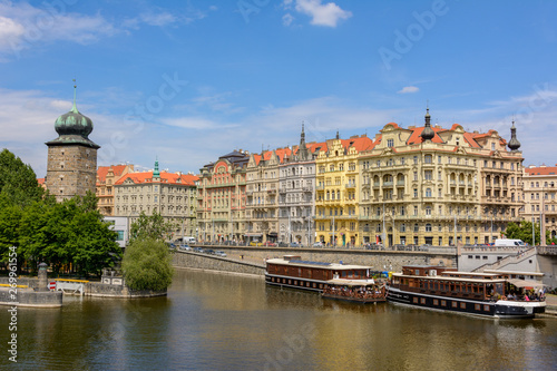 Colored houses on the banks of the Vltava River in the old center of Prague, Czech Republic