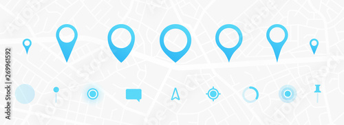 GPS interface elements set. City map navigation. GPS navigator. Point marker icon. Top view, view from above. UX/UI. Abstract background. Cute simple design. Flat style vector illustration.
