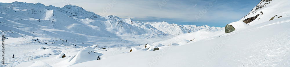 Panoramic view across snow covered alpine mountain range