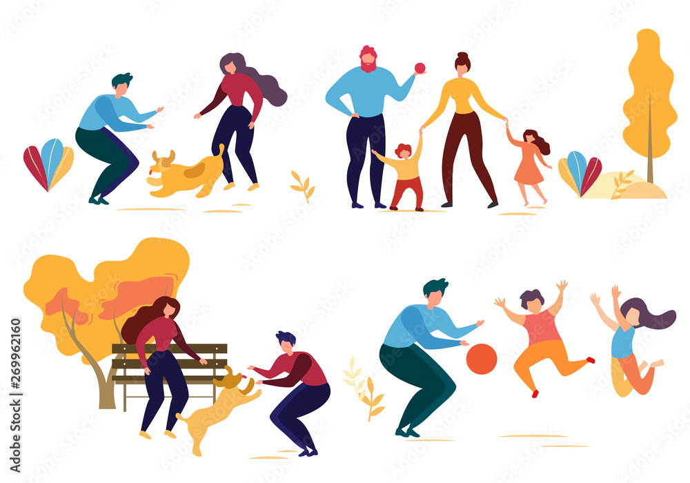 Cartoon Man Woman Dog Family Character in Park Cartoon Man Woman Dog Family Character in Park