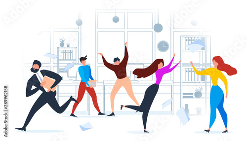 Cartoon People Alarm Office Run Deadline Pressure
