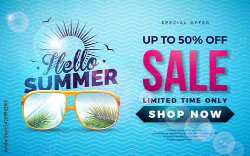 Summer Sale Design with Typography Letter and Exotic Palm Leaves in Sun Glasses on Blue Background. Tropical Vector Special Offer Illustration with Coupon, Voucher, Banner, Flyer, Promotional Poster