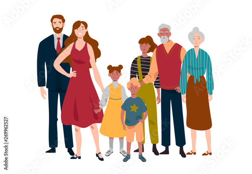 Portrait of large family. Mother, father, children, grandmother, grandfather.